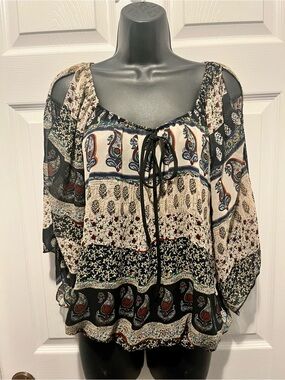 Y2K Vintage Limite Boho Blouse Top Paisley Open Sleeve Brown Cream Medium Women